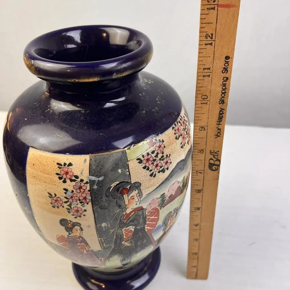 Japanese Vase 12' Geisha Girls Blue Gold Ancient Scene Asian Art Ceramic